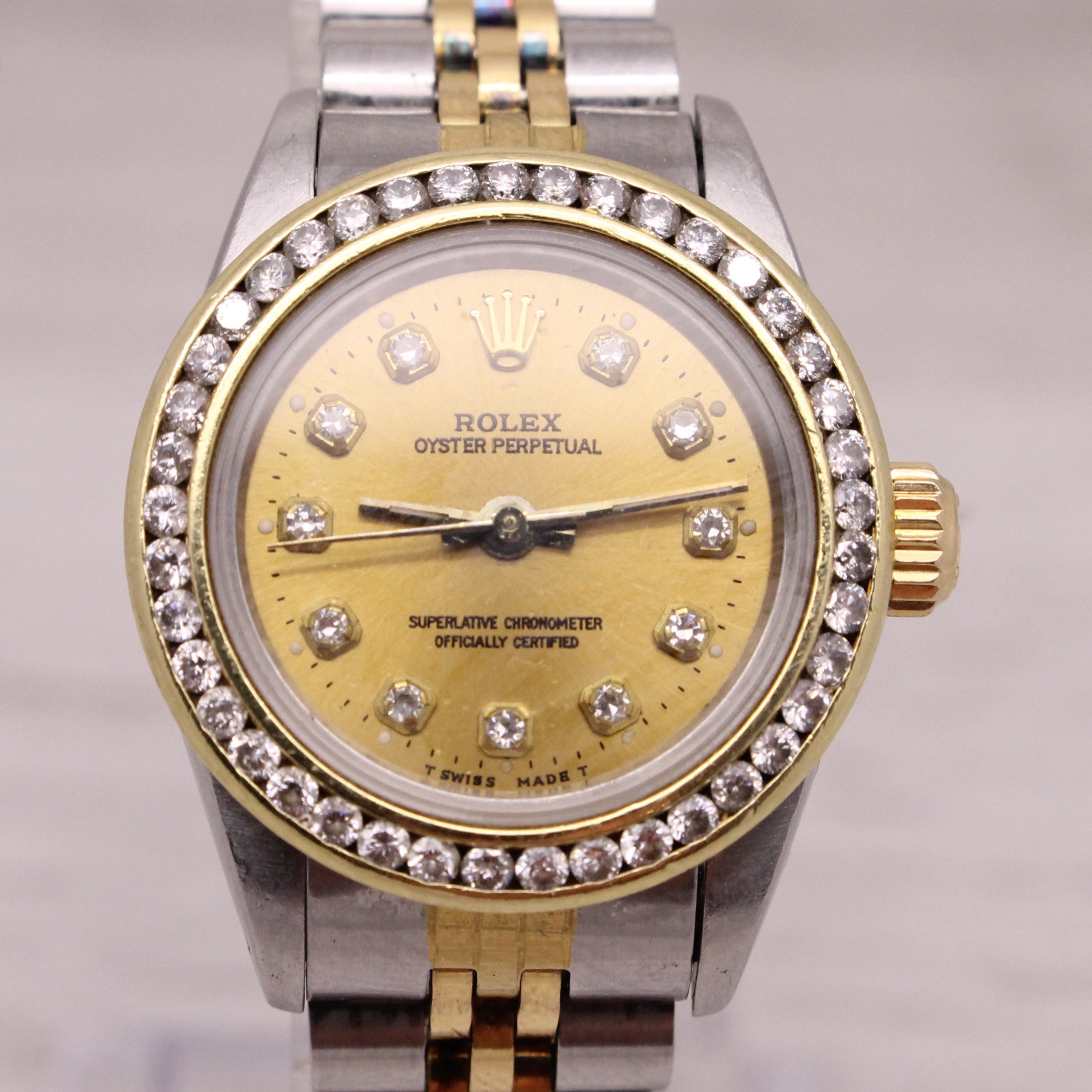 Vintage 1989 Rolex Oyster Perpetual Ladies 26mm Watch Custom Diamond Bezel Dial