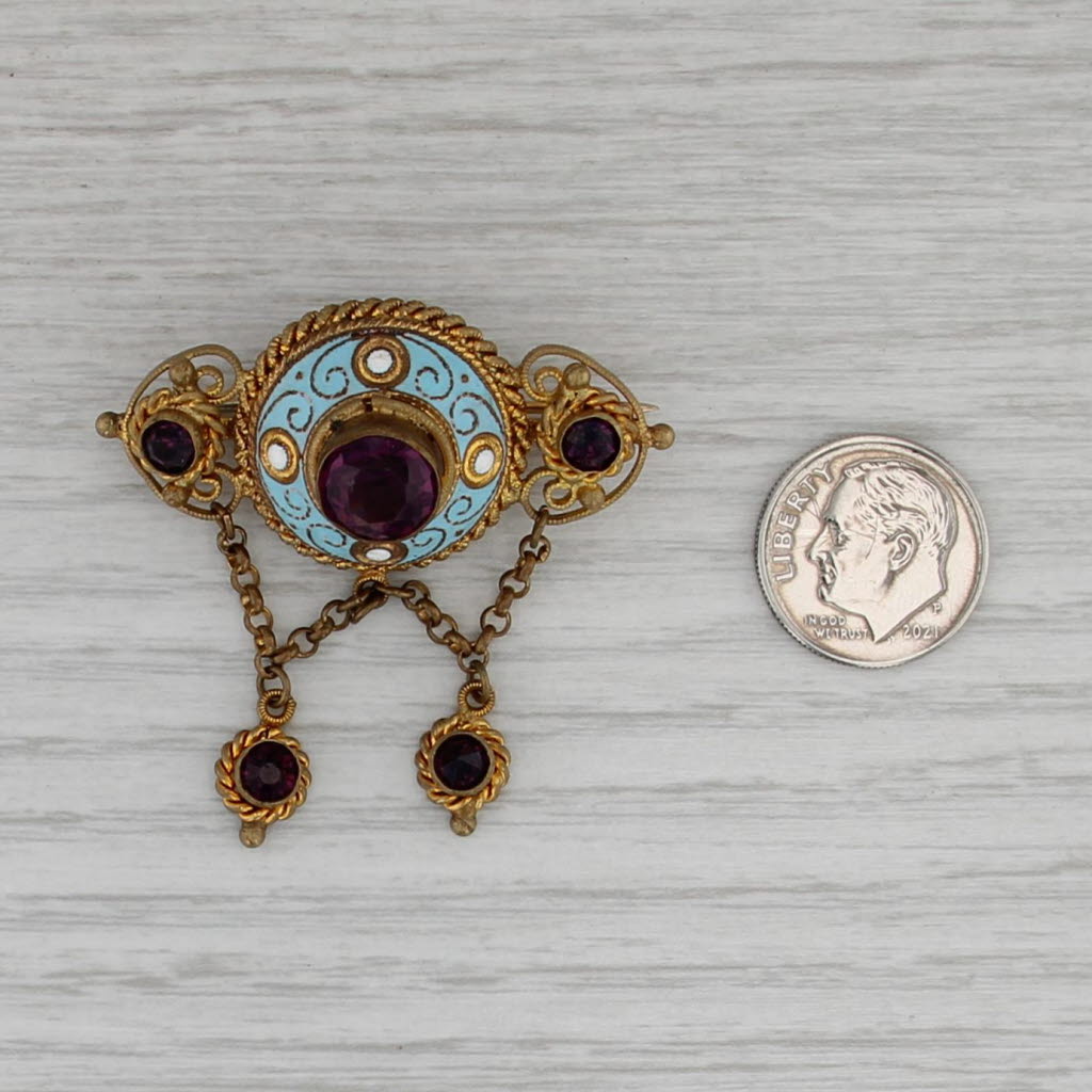 Vintage Etruscan Style Brooch Purple Glass Enamel Pin