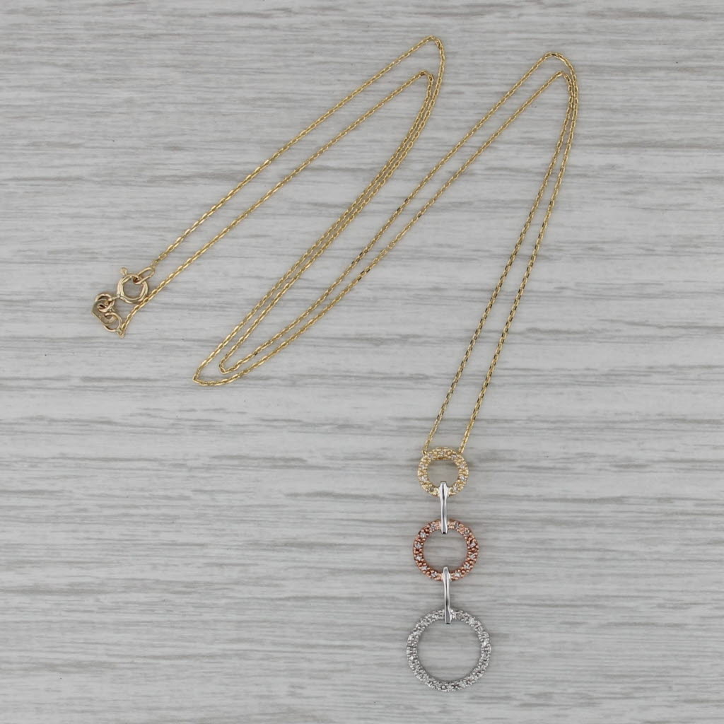 0.14ctw Diamond 3-Ring Pendant Necklace 14k Tri-toned Gold 20" Cable Chain