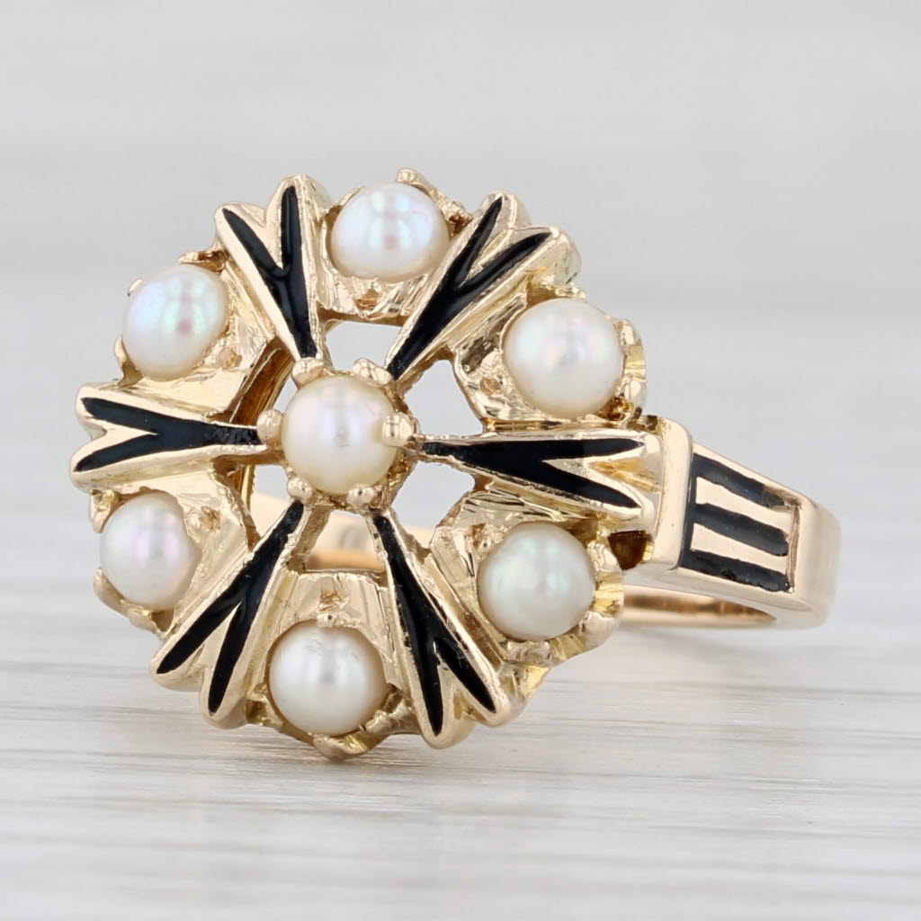 Light Gray Vintage Cultured Pearl Cluster Ring 14k Yellow Gold Enamel Size 7