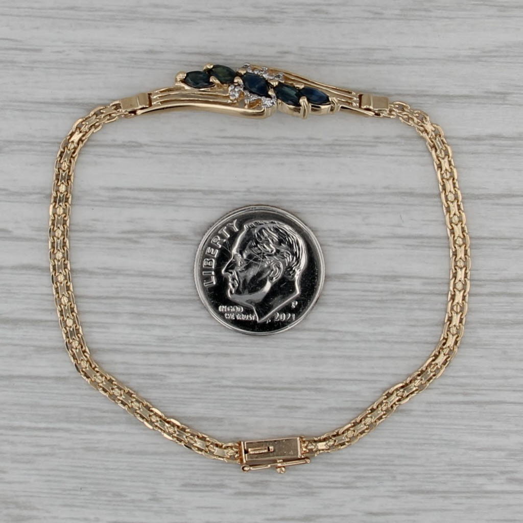 1.01ctw Blue Sapphire Diamond Bracelet 14k Yellow Gold Bismarck Chain 6.75"