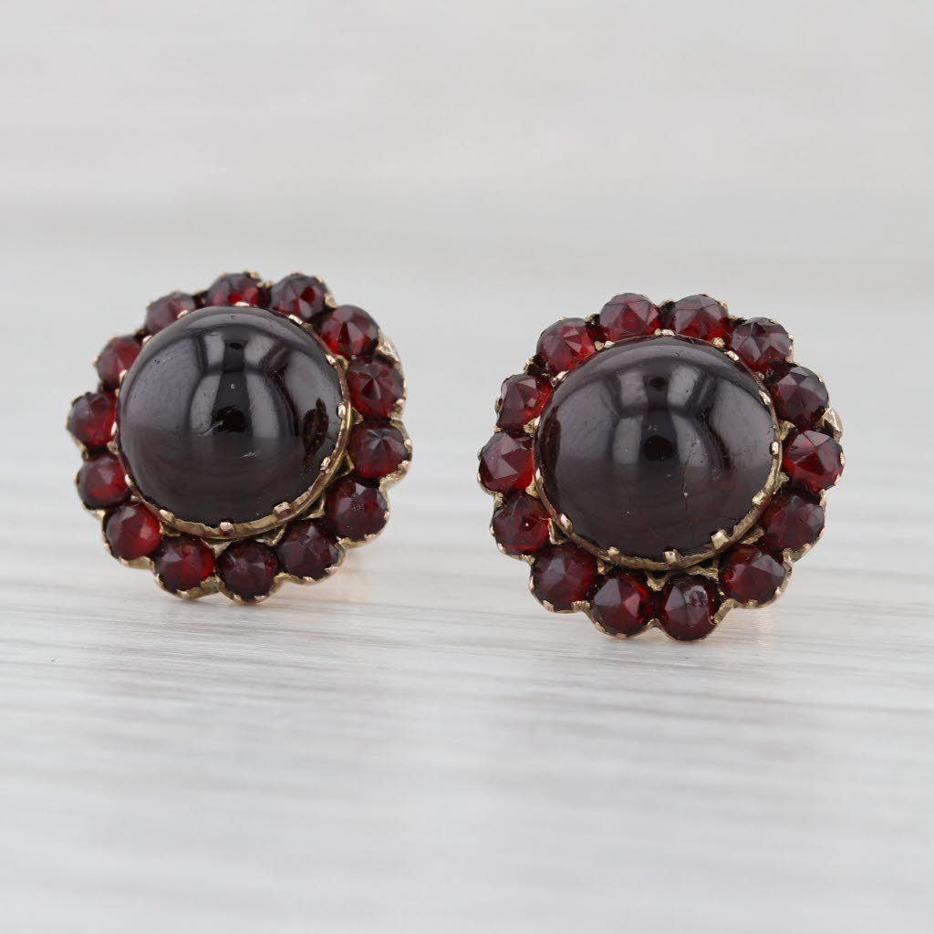 Vintage Garnet Button Flower Stud Earrings 10k Yellow Gold Studs