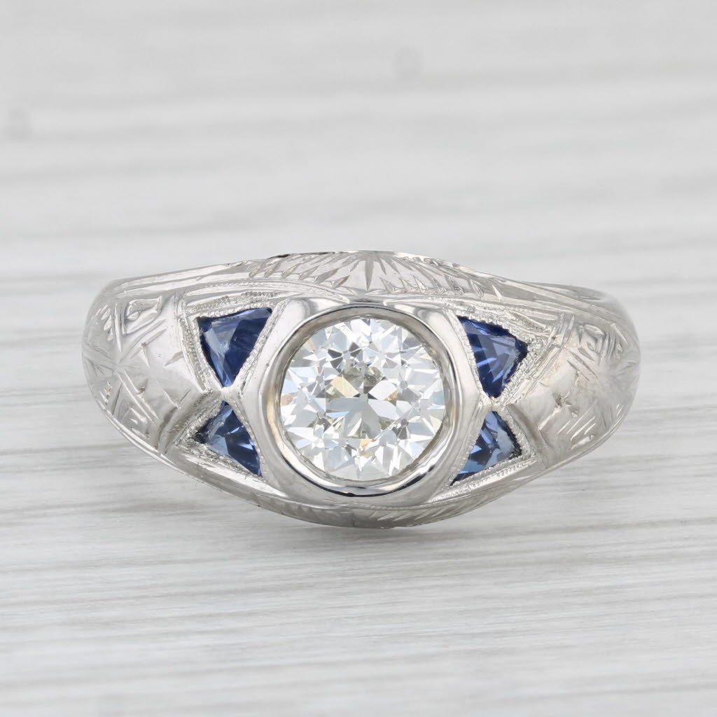 Light Gray Art Deco 1.29ctw Old European Diamond Lab Created Sapphire Ring 18k White Gold