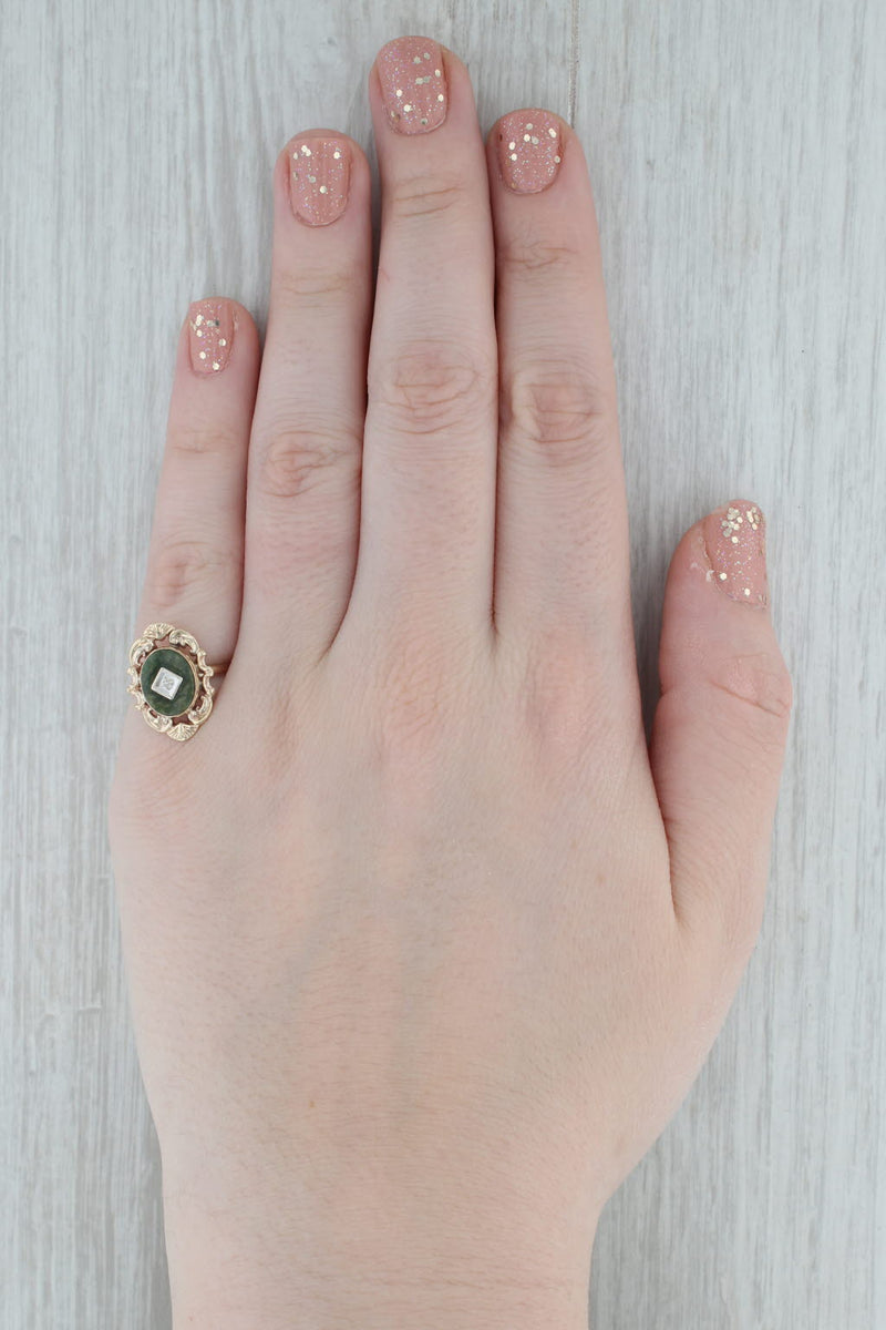 Vintage Green Nephrite Jade Diamond Signet Ring 10k Yellow Gold Size 6