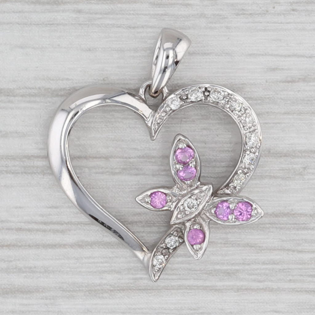 0.24ctw Pink Sapphire Diamond Flower Open Heart Pendant 14k White Gold
