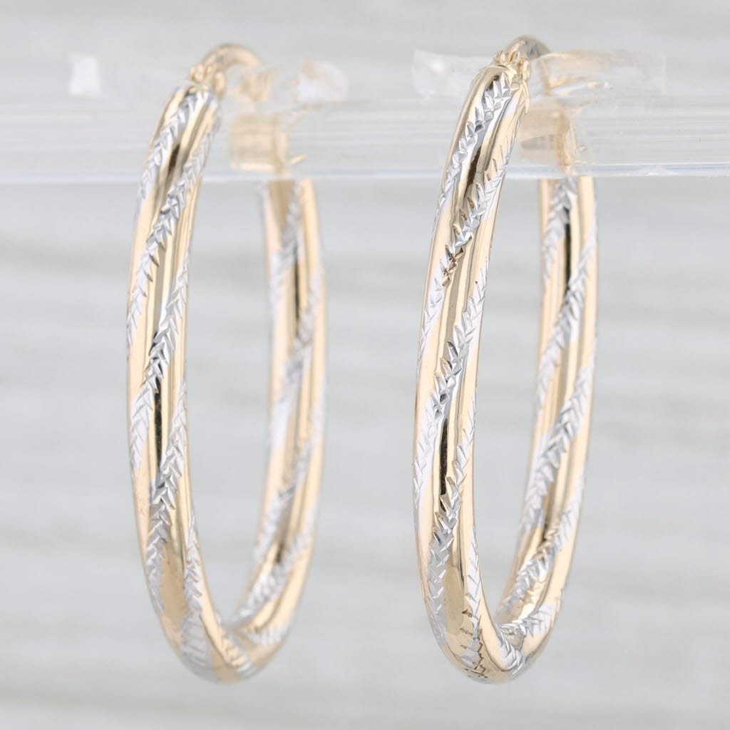 Light Gray New Two Toned Etched Oval 10k Yellow and White Gold Hoop Earrings