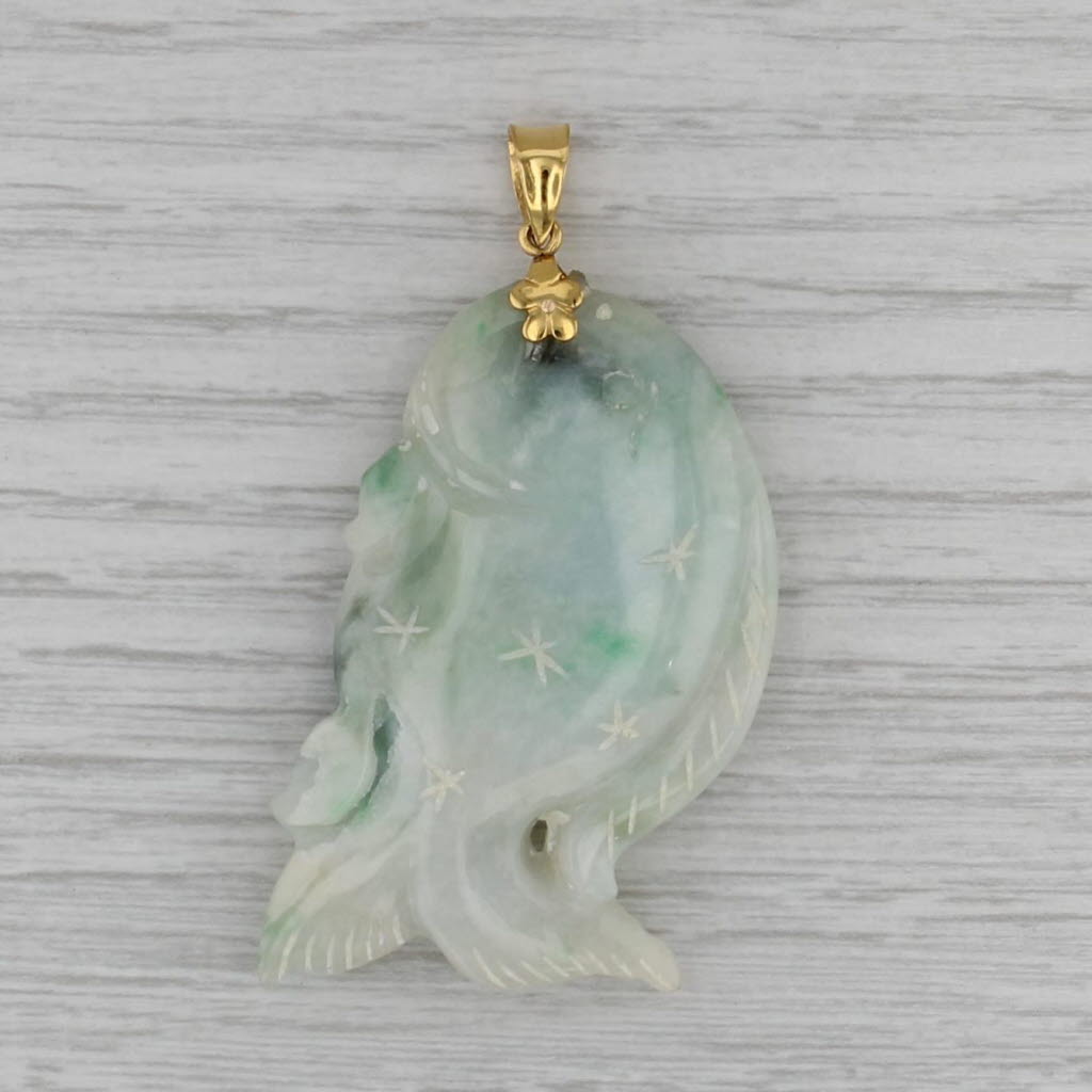 Green Jadeite Jade Carved Large Fish Pendant 14k Gold Star Accents