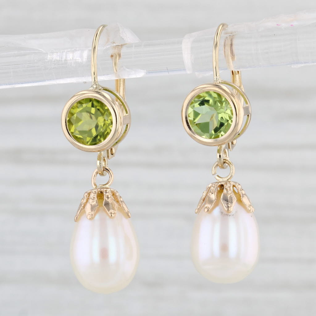 Light Gray Cultured Pearl Peridot Drop Earrings 14k Yellow Gold Lever Backs