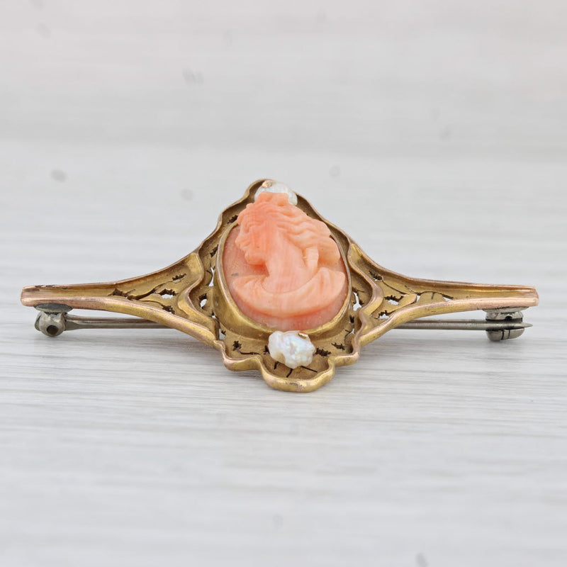 Antique Carved Coral Shell Cameo Baroque Pearl Brooch 9k-12k Gold Pin