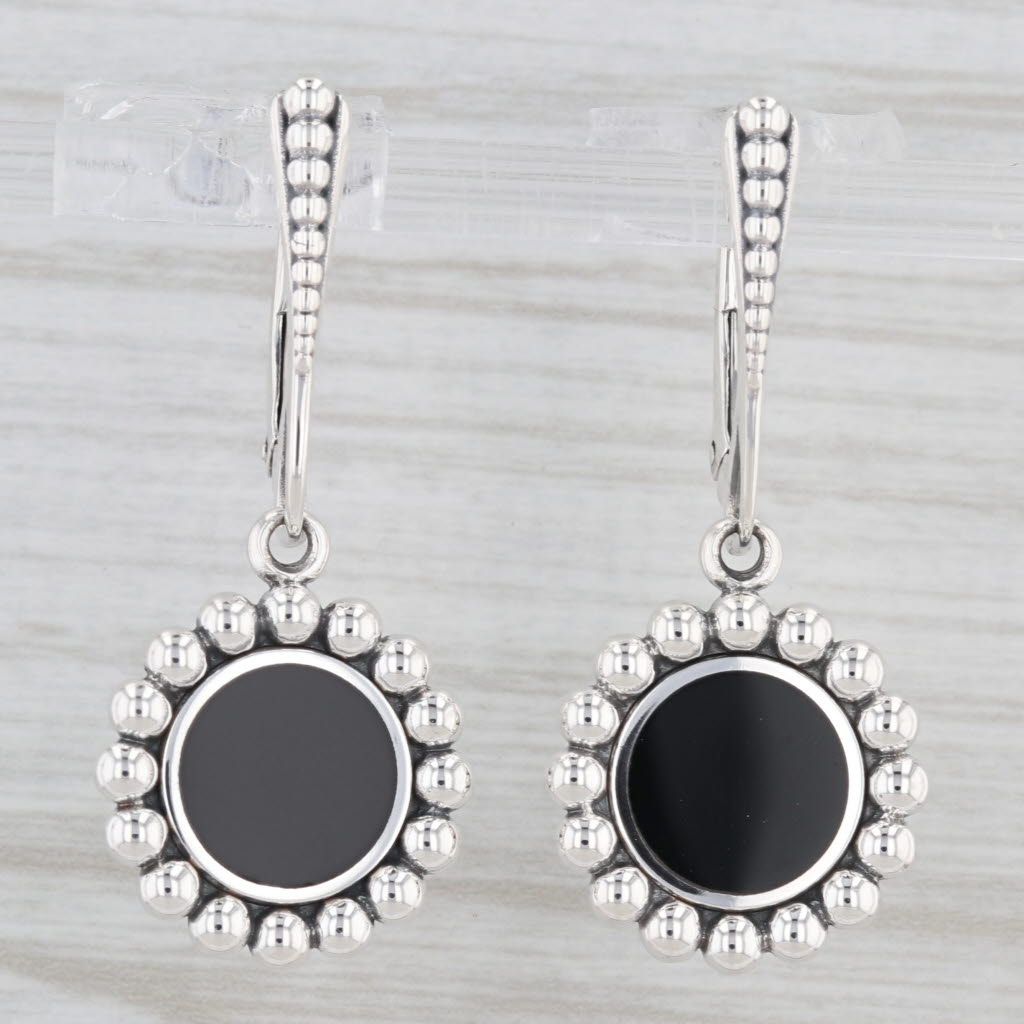 Light Gray New Lagos Maya Small Onyx Circle Drop Earrings Sterling Silver Pouch Tags Cloth