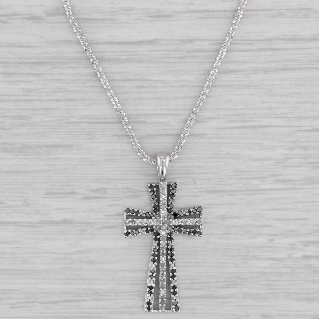 Gray 0.27ctw Black White Diamond Cross Pendant Necklace 10k White Gold 17"-19"