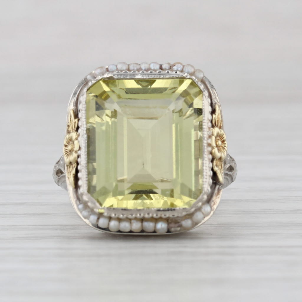 Vintage 8.25ct Lemon Quartz Seed Pearl Halo Ring 14k White Gold Floral Size 5.5