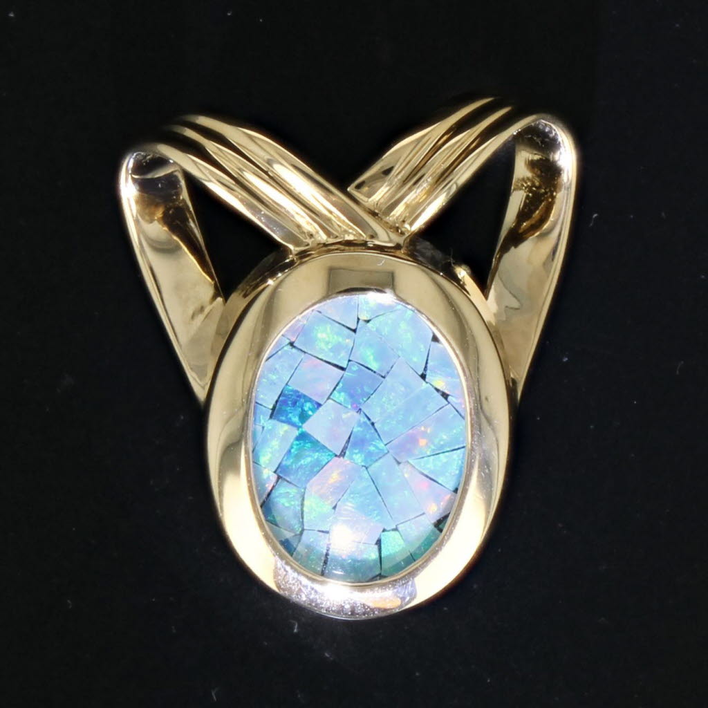 Gray Mosaic Opal Quartz Triplet Pendant 14k Yellow Gold Slide