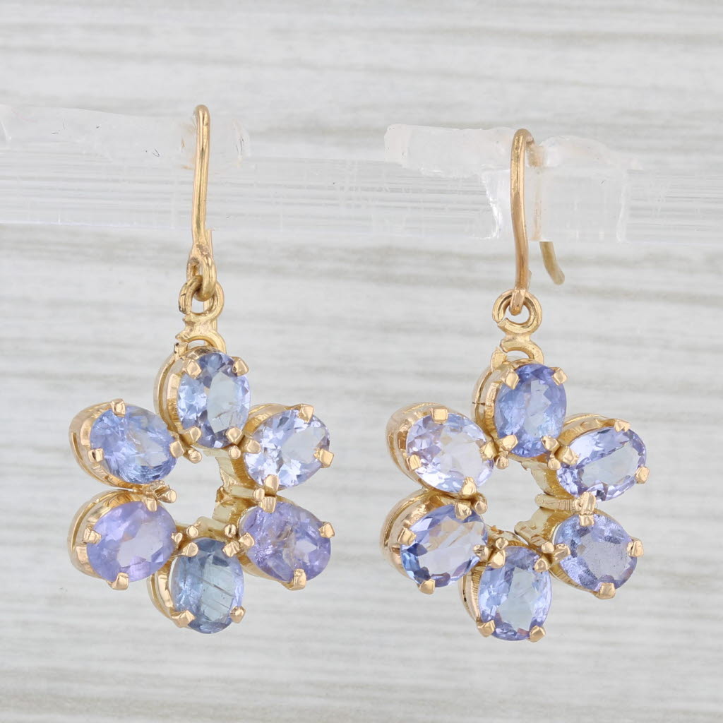 Light Gray 4ctw Tanzanite Flower Dangle Earrings 18k Yellow Gold Hook Post Drops