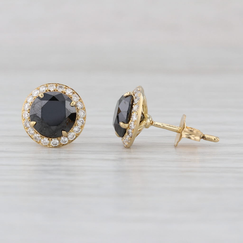 3.55ctw Black White Diamond Halo Stud Earrings 18k Yellow Gold Round Studs