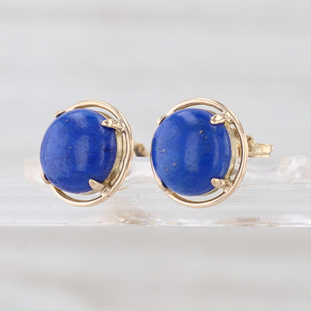 Lapis Lazuli Stud Earrings 14k Yellow Gold Solitaire Cabochon Studs