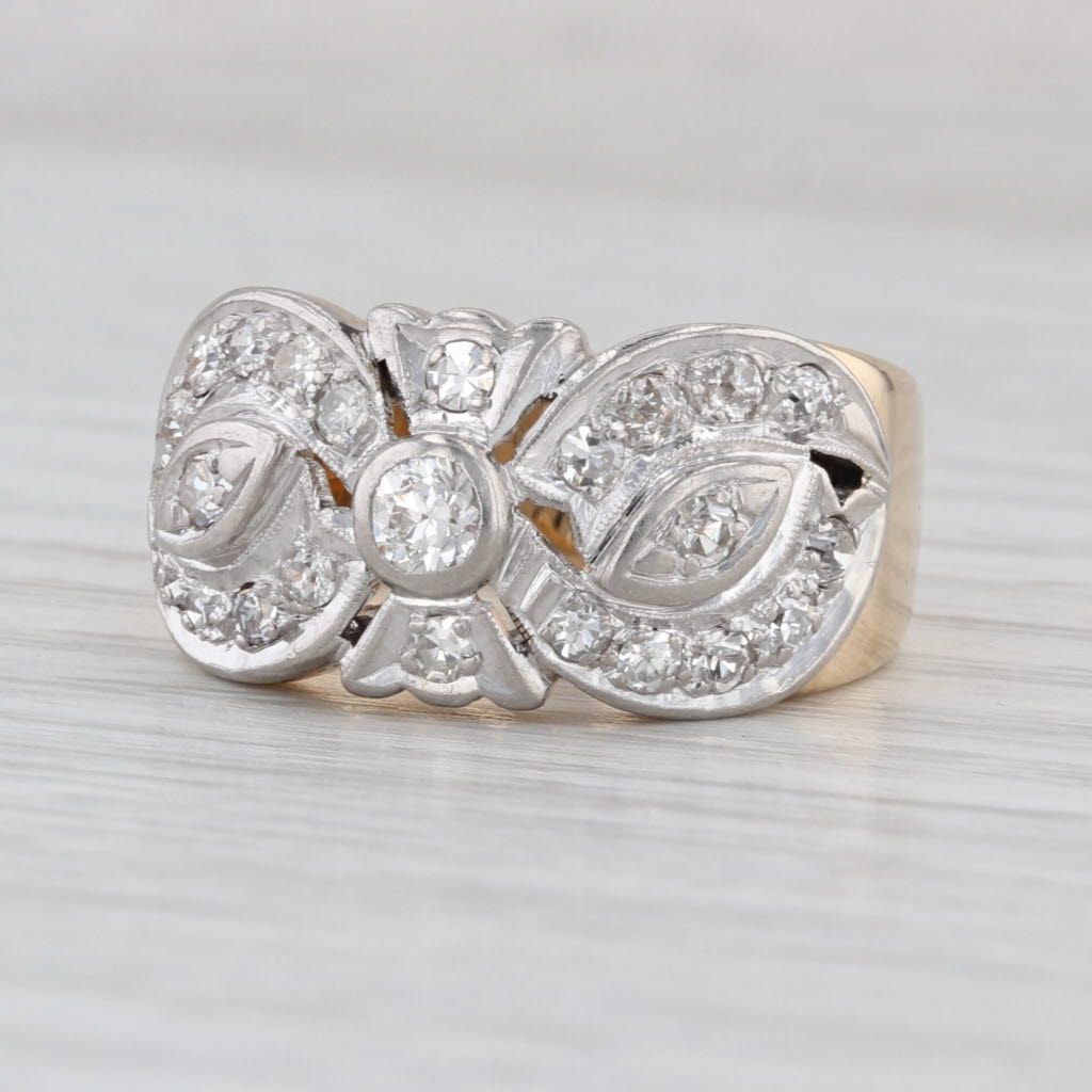 Vintage Ornate 0.61ctw Diamond Ring 12k Gold Platinum Size 8 Wide Band