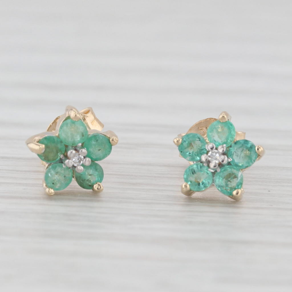 Light Gray 0.40ctw Emerald Diamond Flower Stud Earrings 10k Yellow Gold