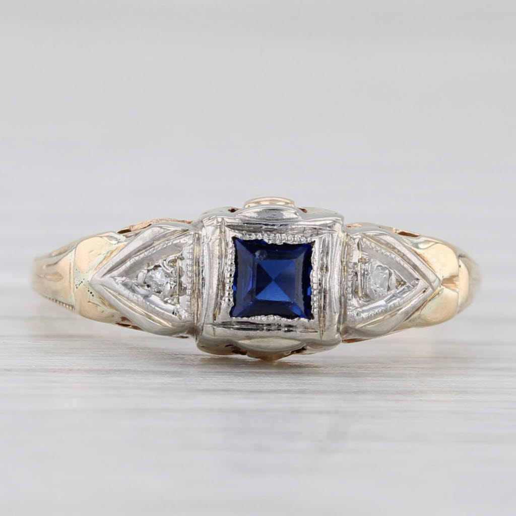 Light Gray Vintage Art Deco Lab Created Sapphire Diamond Ring 14k White Yellow Gold Sz 5.5