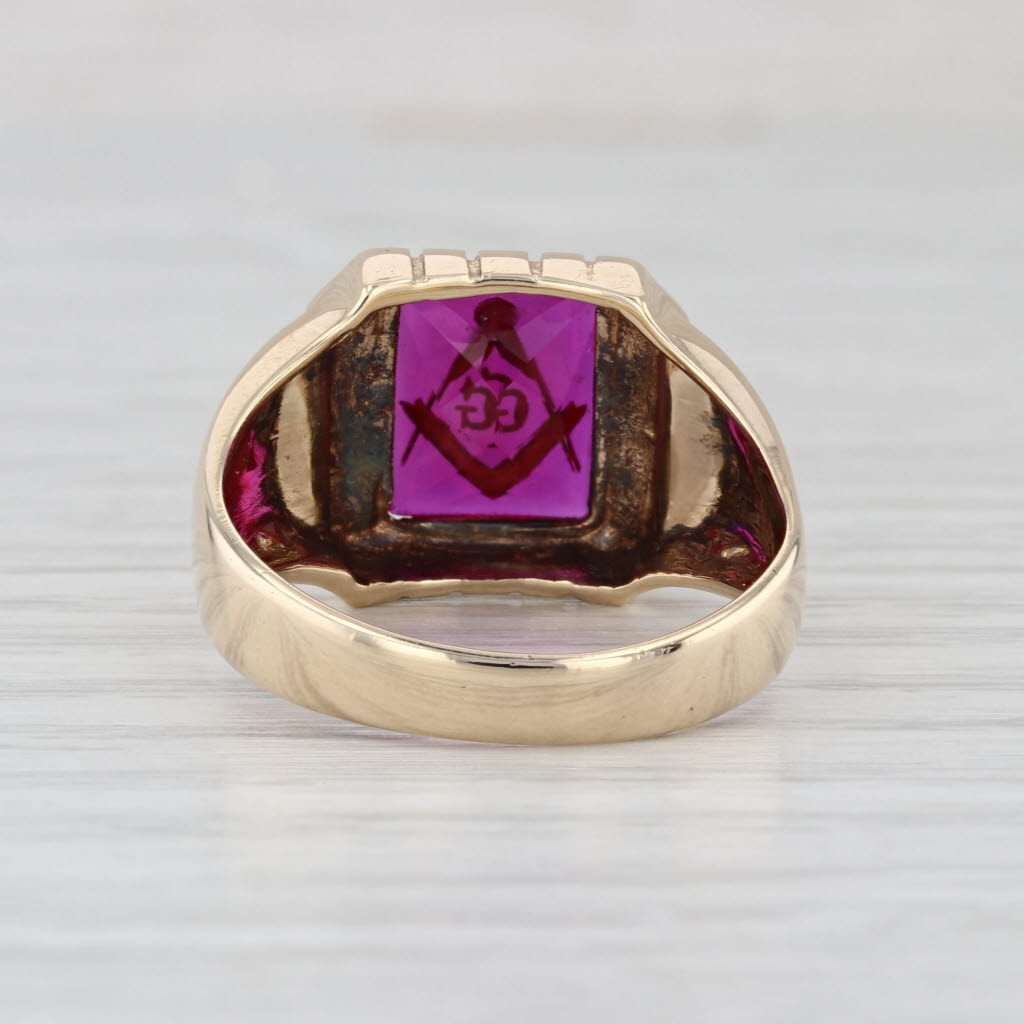 Vintage Masonic Signet Ring 10k Yellow Gold Lab Created Ruby Blue Lodge 10.25