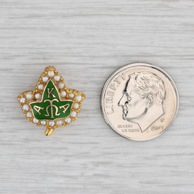 Alpha Kappa Alpha Sorority Leaf Pin 10k Gold Pearl Enamel Vintage Greek Badge