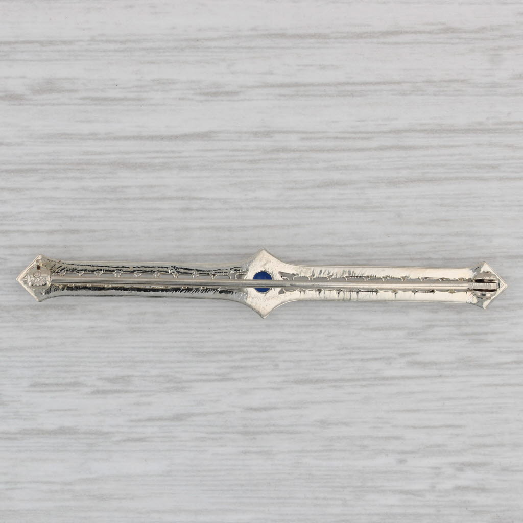 Gray Art Deco 0.35ct Blue Lab Created Sapphire Filgiree Bar Pin 14k White Gold