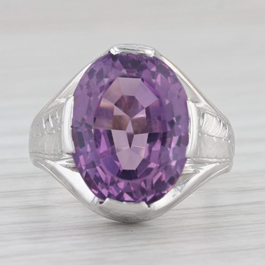 Light Gray 11.50ct Oval Amethyst Ring 13k Gold Solitaire Cocktail Vintage Hand Engraved