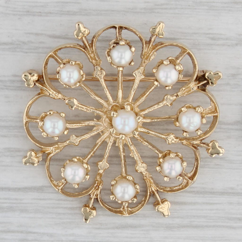 Gray Cultured Pearl Flower Pin 14k Yellow Gold Vintage Floral Statement Brooch