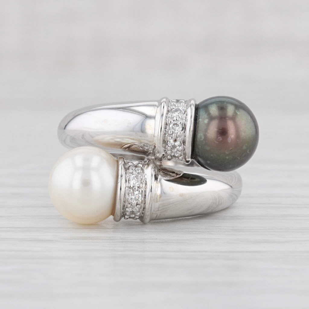 Light Gray Black White Cultured Pearl 0.10ctw Diamond Bypass Ring 14k White Gold Size 6.75