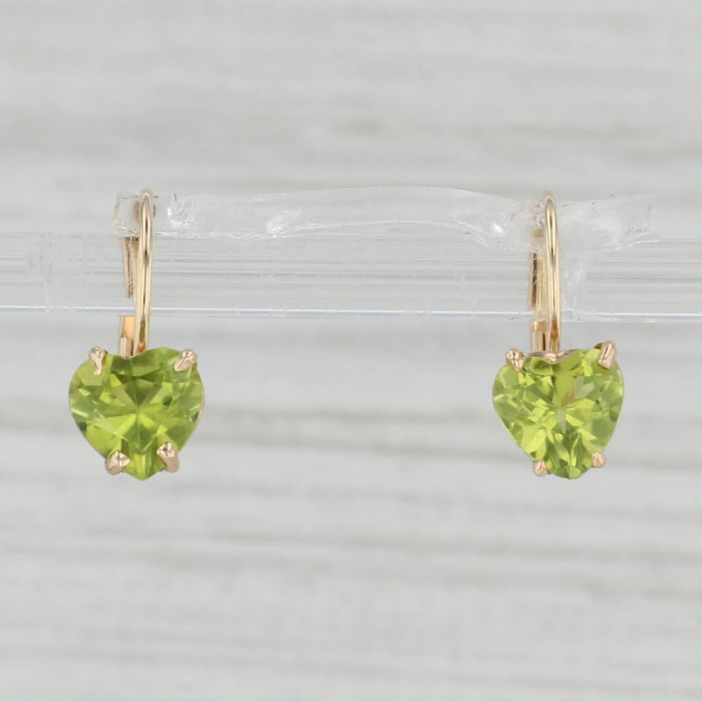 Light Gray 2ctw Peridot Heart Drop Earrings 14k Yellow Gold Leverbacks August Birthstone