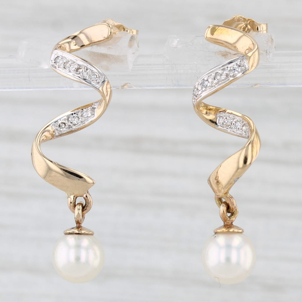 Light Gray Cultured Pearl Diamond Swirl Drop Earrings 14k Yellow Gold