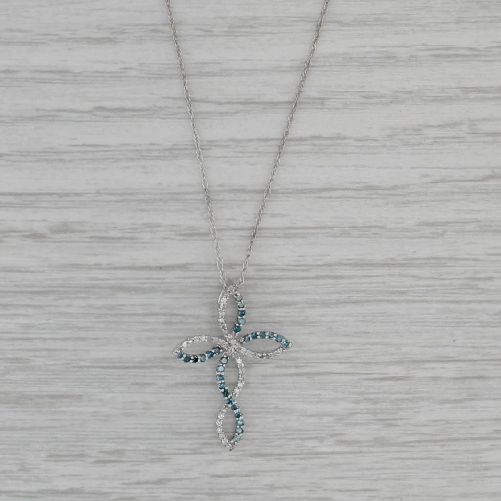 0.28ctw Blue White Diamond Stylized Cross Pendant Necklace 10k White Gold 16.25"