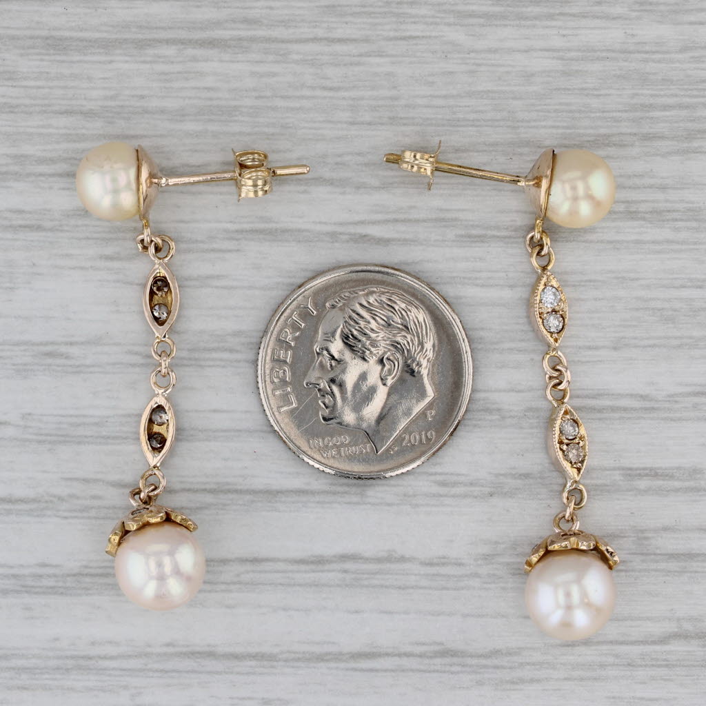 Gray Vintage Cultured Pearl 0.25ctw Diamond Dangle Earrings 14k Yellow Gold