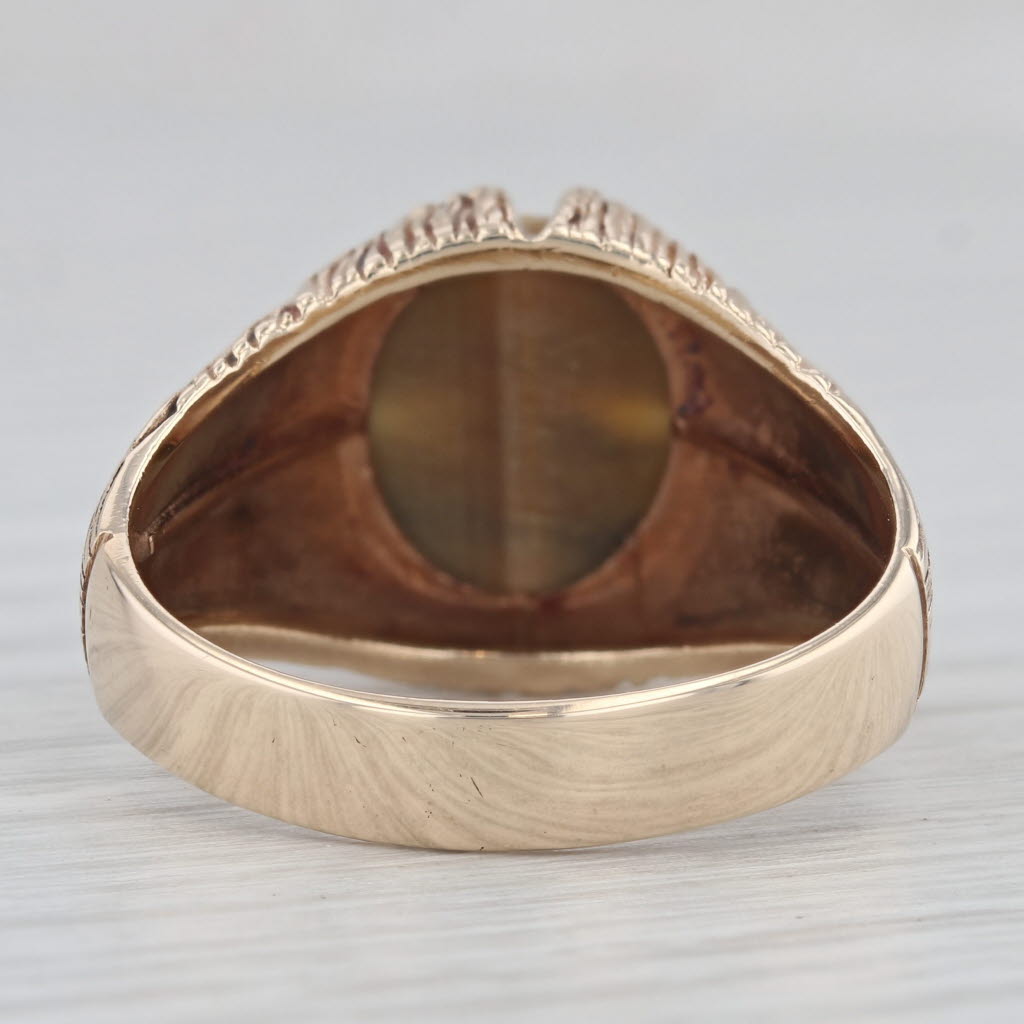 Gray Tiger's Eye Oval Cabochon Solitaire Ring 10k Gold Size 9.75 Woodgrain Vintage