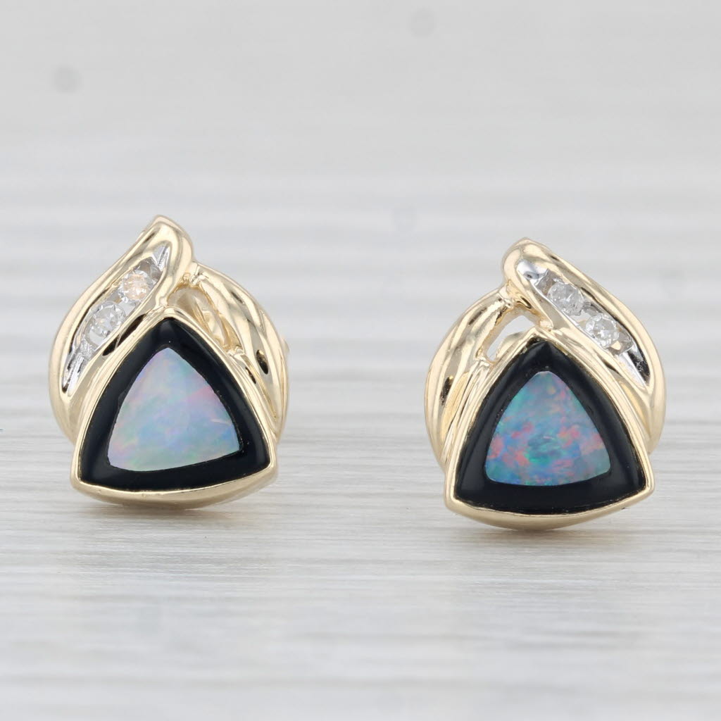 Light Gray Opal Diamond Stud Earrings 14k Yellow Gold