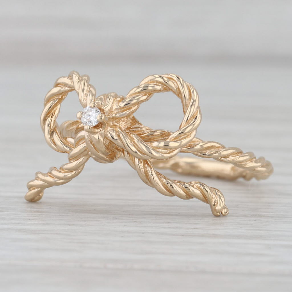 Diamond Bow Ring 14k Yellow Gold Size 8 Rope Band