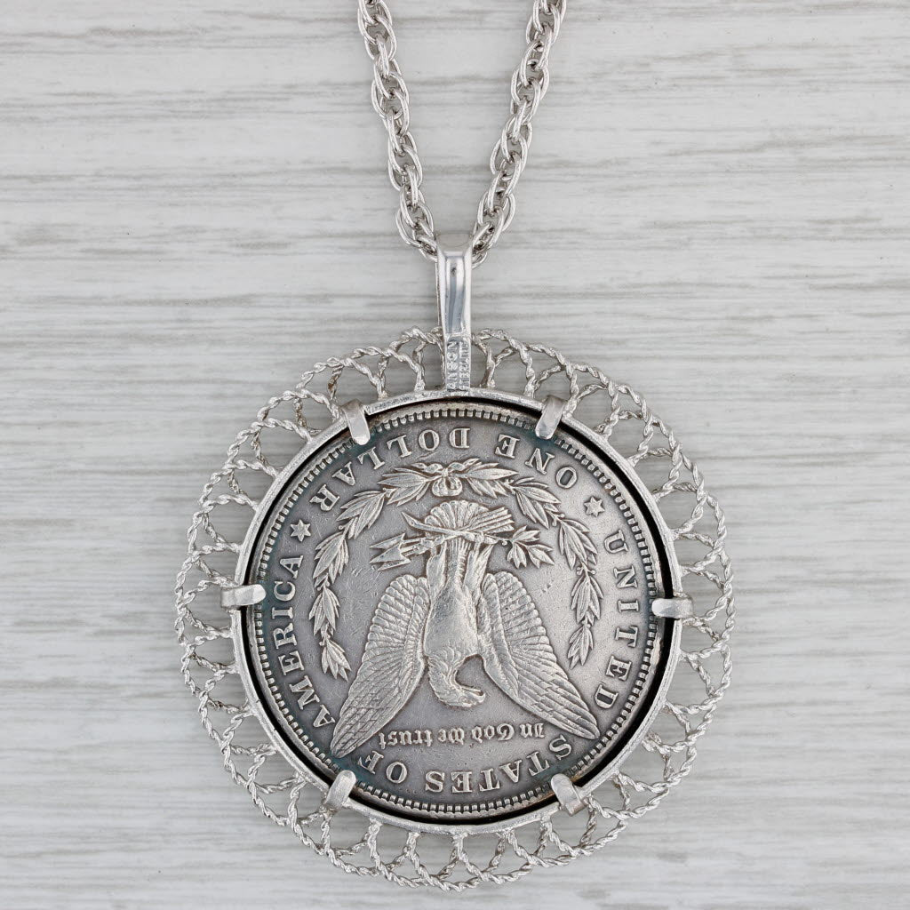 Gray Large 1896 One Dollar Coin Pendant Rope Chain Necklace Sterling Silver 24"