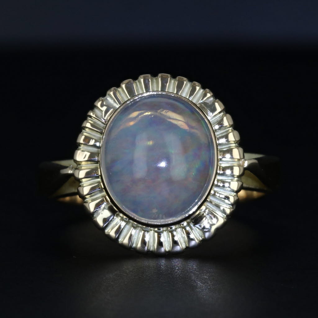 Black Solitaire Oval Cabochon Opal Ring 14k Yellow Gold Size 5.25