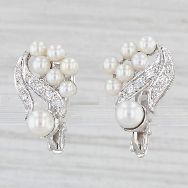 Cultured Pearl Diamond Earrings 14k White Gold Clip On Non Pierced