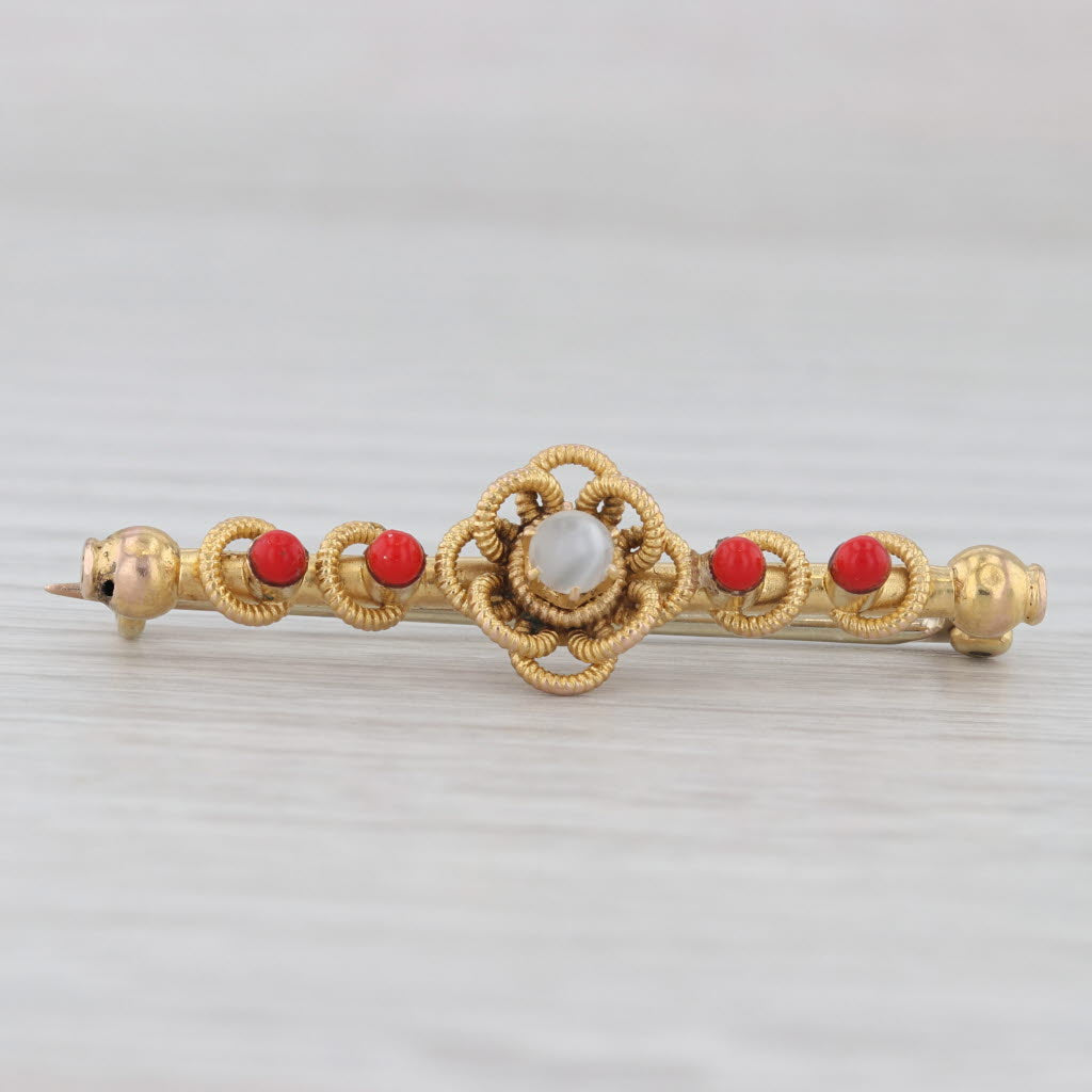 Light Gray Antique Cats Eye Red Glass Beads Floral Bar Pin 14k-18k Yellow Gold Brooch