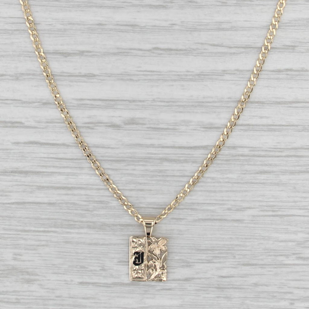 Hawaiian Style Old English J Floral Pendant Necklace 14k Gold 14" Curb Chain