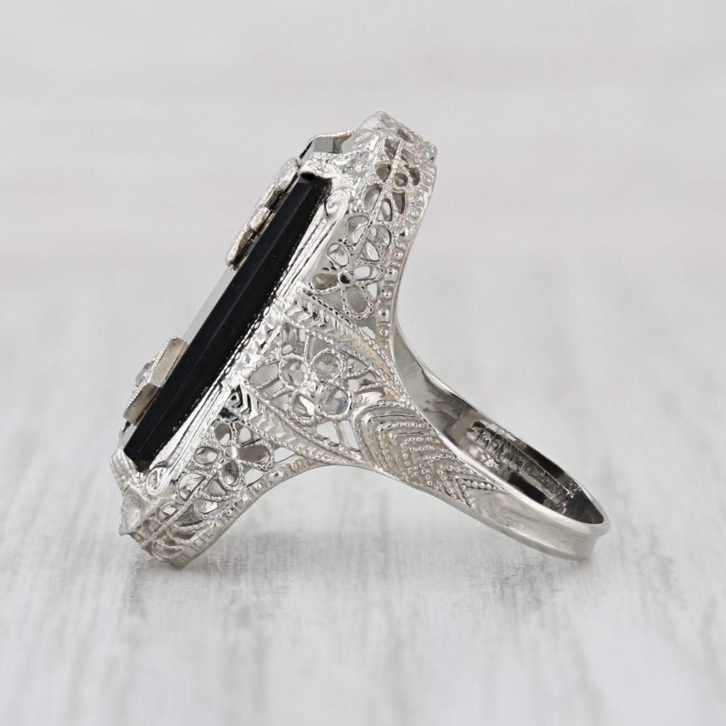 Vintage Onyx Diamond Letter Initial F Art Deco Ring 14k White Gold Size 5.25