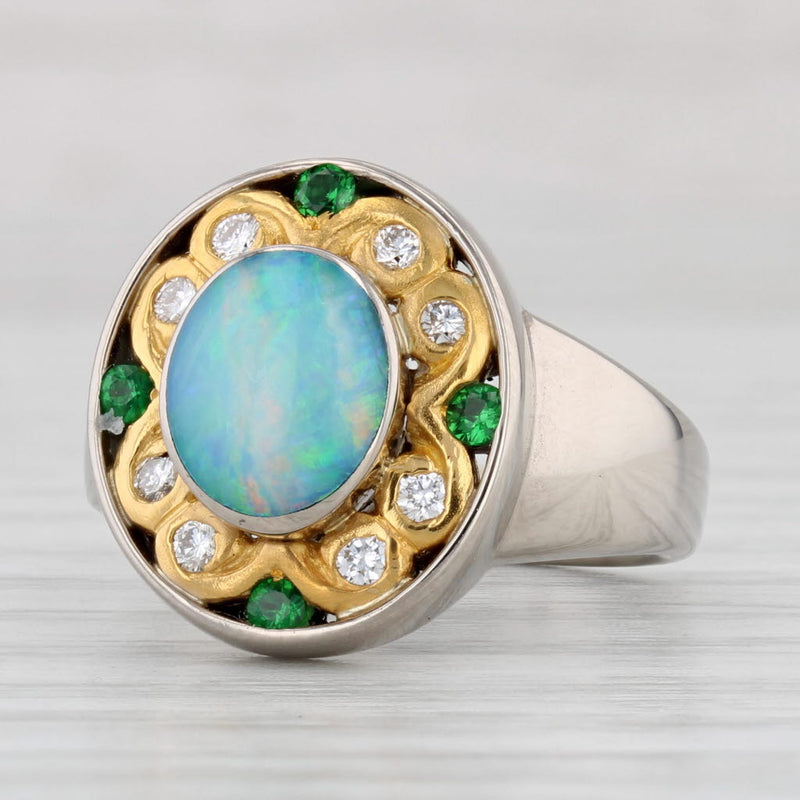 Light Gray Opal Diamond Tsavorite Garnet Ring 18k 999 Gold Size 6.25-6.5 Custom Made