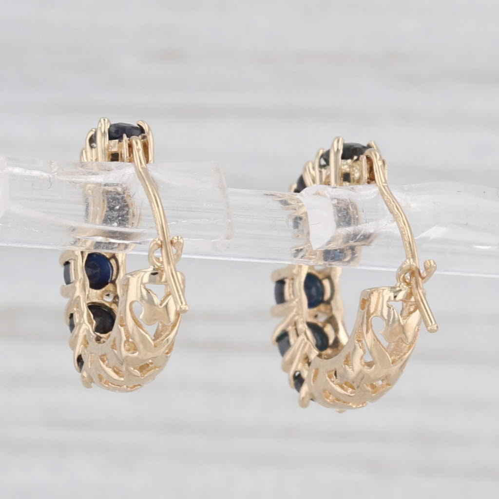 Light Gray 1.60ctw Blue Sapphire Small Hoop Earrings 14k Yellow Gold Snap Top Round Hoops