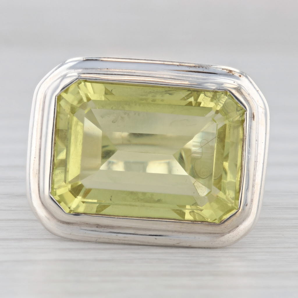 Light Gray Slane & Slane 15.90ct Lemon Quartz Ring Sterling Silver Emerald Cut Solitaire