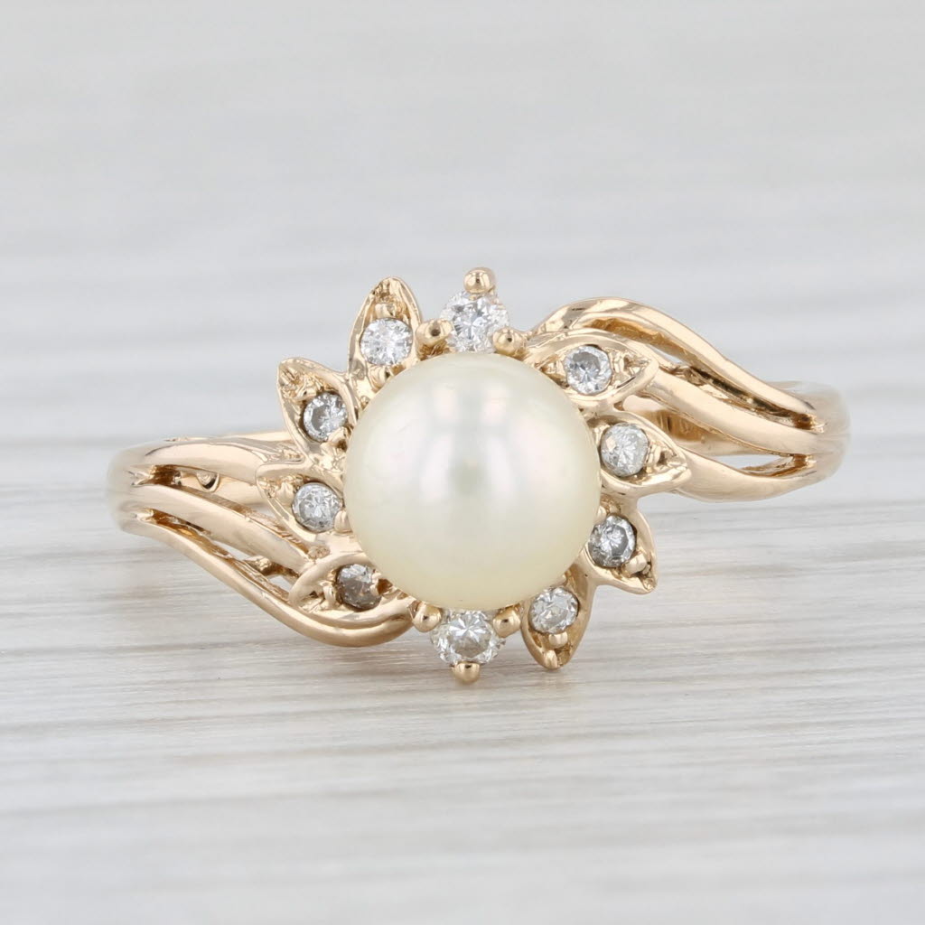 Light Gray Cultured Pearl 0.11ctw Diamond Halo Ring 14k Yellow Gold Size 6.25