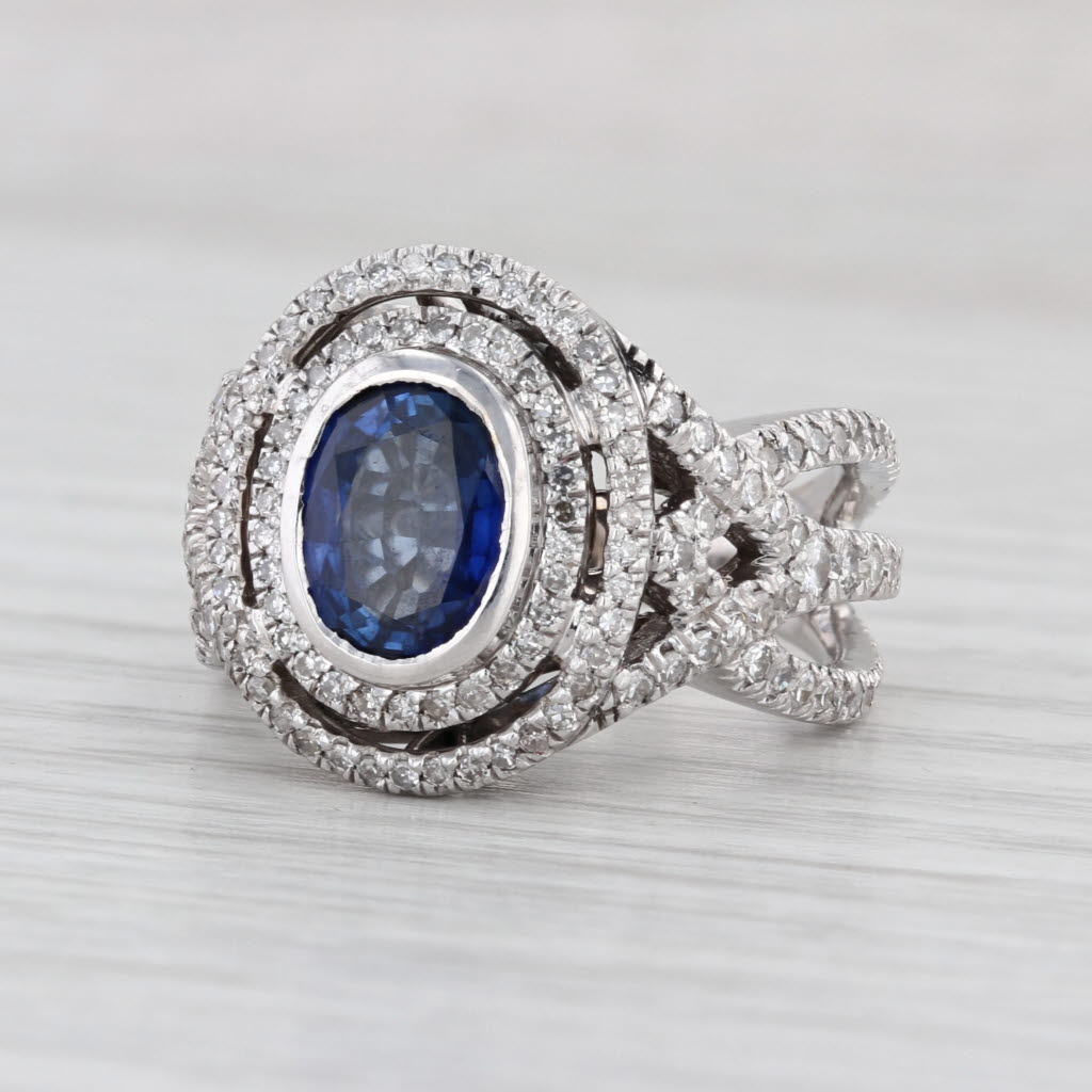 3.15ctw Oval Blue Sapphire Diamond Halo Ring 14k White Gold Size 7.5 Cocktail