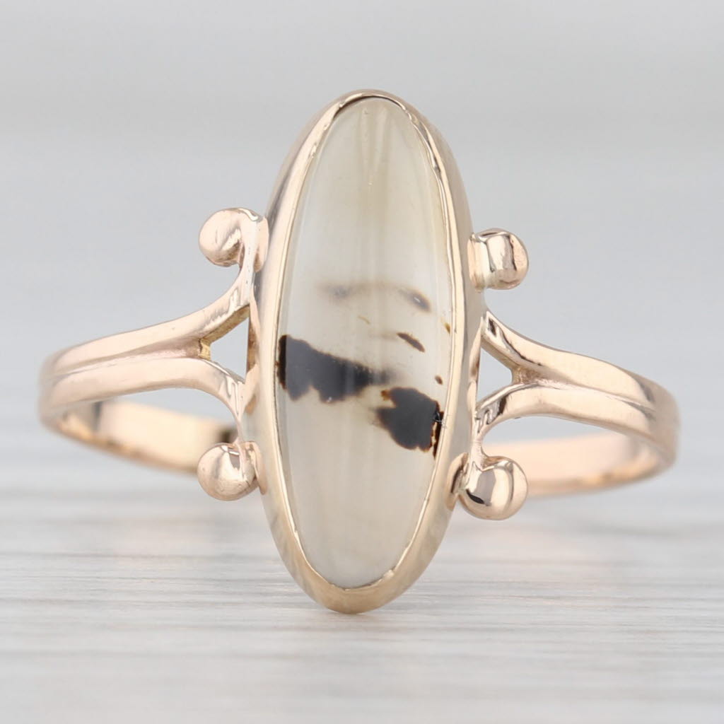 Vintage Agate Oval Cabochon Solitaire Ring 10k Yellow Gold Size 6.5