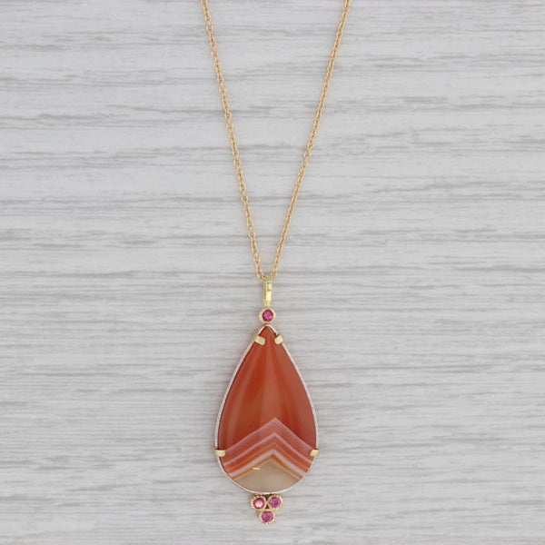 Orange Banded Agate Pink Tourmaline Pendant Necklace 18k Gold 18" Cable Chain