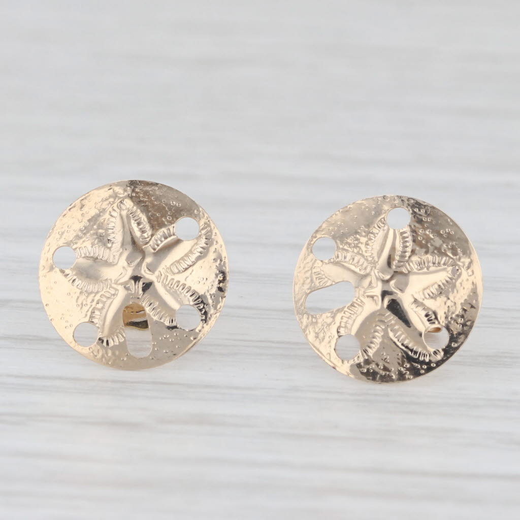 Light Gray Sand Dollar Stud Earrings 14k Yellow Gold Nautical Jewelry